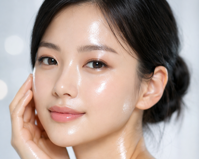 mujer coreana con efecto glass skin piel luminosa skincare coreano