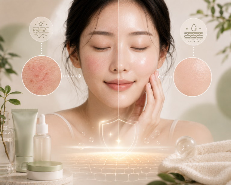 comparativa de barrera cutánea dañada y reparada en piel coreana con aspecto hidratado y luminoso