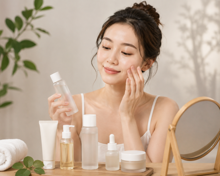mujer coreana realizando rutina de skincare coreano con productos faciales para distintos tipos de piel