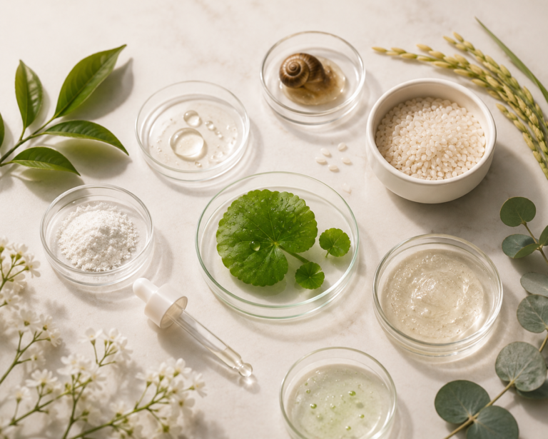ingredientes de cosmética coreana como centella asiática arroz fermentado y mucina de caracol en composición skincare minimalista