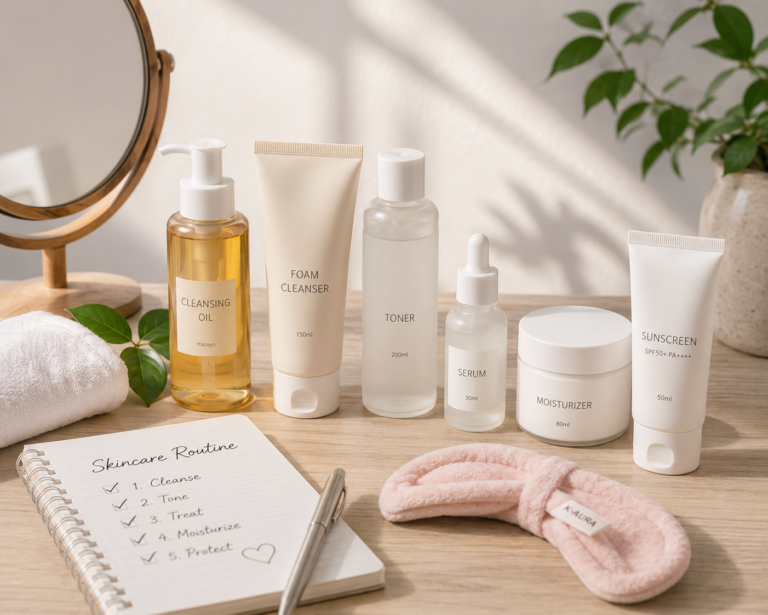 productos básicos de skincare coreano incluyendo limpiador tónico sérum hidratante y protector solar en composición minimalista
