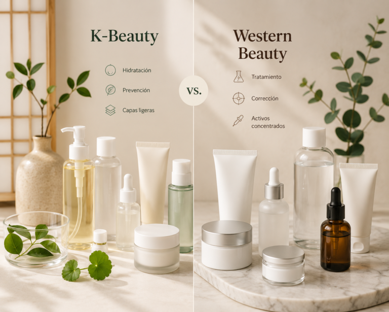 comparación entre productos de skincare coreano y occidental en composición minimalista de cosmética facial