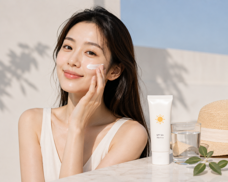 mujer coreana aplicando protector solar facial durante rutina de skincare coreano con piel luminosa