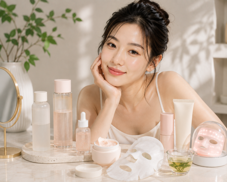 mujer coreana con rutina de skincare moderna rodeada de productos tendencia de cosmética coreana 2026