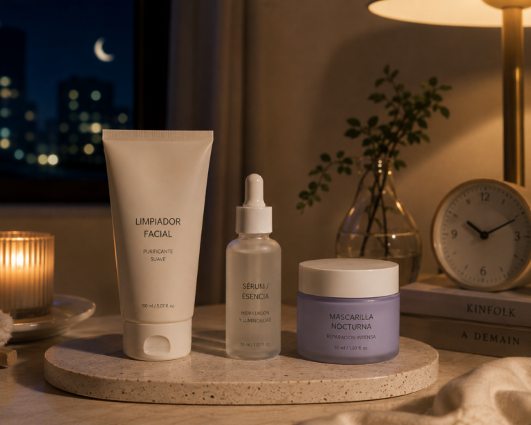 productos de skincare coreano para rutina nocturna con limpiador sérum y mascarilla en ambiente cálido de noche