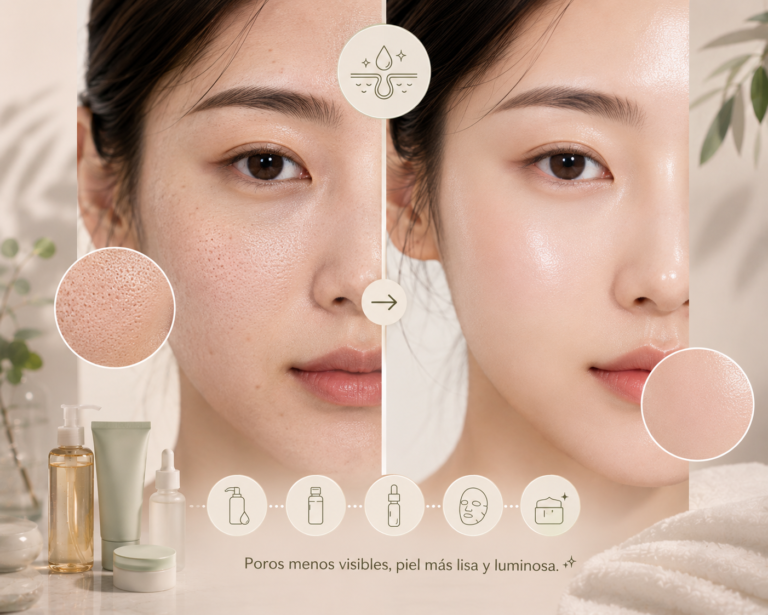 comparativa de piel coreana antes y después del pore care mostrando textura más uniforme y poros menos visibles