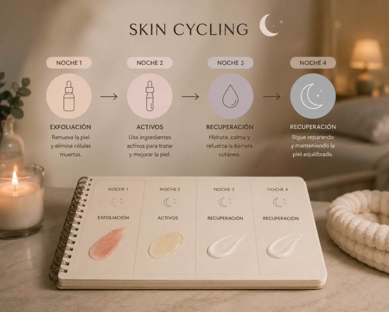 guía visual de skin cycling con rutina nocturna coreana dividida en exfoliación activos y recuperación de la piel